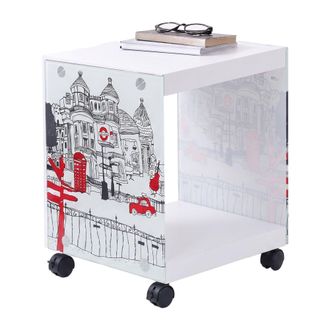 Dmora Dmora - Mesita-mesita De Noche Con Ruedas, En Madera Blanca Con Motivo London, Cm 38x33,5x46, Con Embalaje Reforzado
