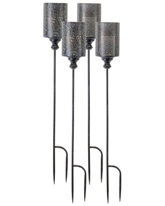 Melrose International Set Of 4 Black Punched Metal Candle Holder Garden Stake
