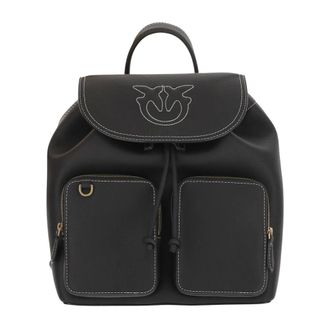 Pinko Backpacks, female, Black, ONE SIZE, Leather Backpack with Love Birds Embroidery