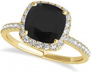 Allurez Cushion Black Diamond Halo Engagement Ring French Pave 18k Y. Gold 0.70ct