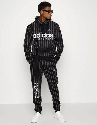 adidas Mens Adidas Pinstriped Black Hooded Tracksuit Black/White Fleece - Size: Regular/36