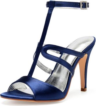 Generic Wedding Bridal Shoes Womens Stiletto Heels Sandals Sexy Open Toe Bridal Satin Wedding Party Dressy Heels Shoes 10.5Cm,Dark Blue,9 UK
