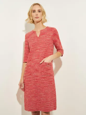Misook Tweed Knit Shift Dress with Pockets, Sunset Red