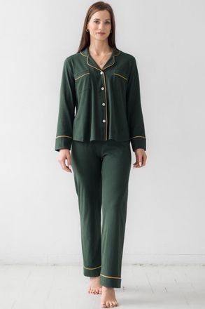 Salua Classic Luxury Pajamas in Brushed Pima Cotton in Forest/gold at Nordstrom, Size X-Small