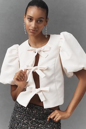 English Factory Puff-Sleeve Bow-Front Blouse
