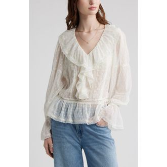 Treasure & Bond Embroidered Ruffle Peplum Clip Dot Chiffon Top in Ivory Egret at Nordstrom, Size Xx-Small