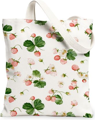 Generic Strawberry Floral Canvas Tote Bags, Vintage Plant Pattern Reusable Grocery Bags, Lightweight Washable Shoulder Strap Canvas, White, 13x15 Inch