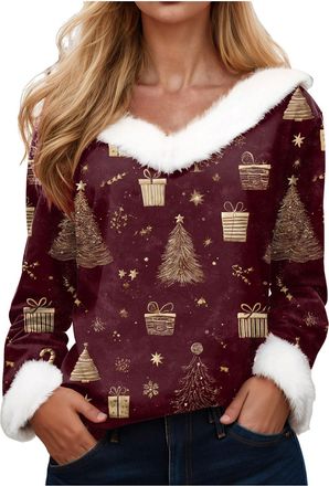 Generic Christmas Jumper Women UK Casual Ladies Long Sleeve Shirts Snowflakes Sweatshirt Christmas Tree Print Fleece Round Neck Tops Xmas T-Shirt Winter Autum