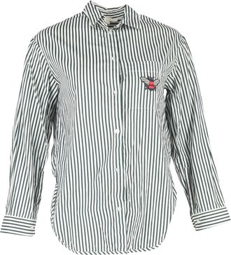 Maje Striped Button-Down Shirt in White and Green Cotton
