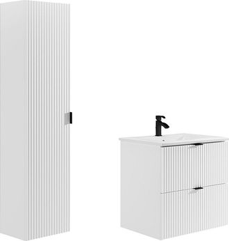 Vente-Unique Mueble de baño suspendido estriado con lavabo encastrado y columna - Blanco mate - 60 cm - ZEVINI
