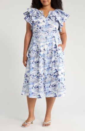 Sugarlips Santana Toile Sky Cotton Midi Dress in White/Blue at Nordstrom, Size 3 X