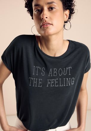 Street One Shirttop STREET ONE, Damen, Gr. 34, schwarz, Jersey, Obermaterial: 70% Modal, 30% Polyester, bedruckt, unifarben, bequem taillenbedeckt, Rundhals, Top