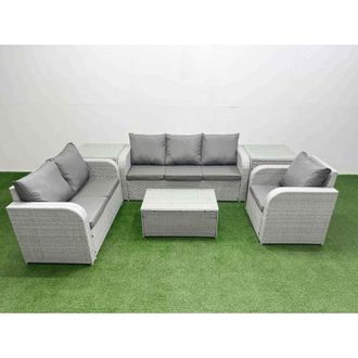 Fimous Patio pe Wicker 6 Seater Outdoor Rattan Furniture Sofa Sets with Rectangular Coffee Table Reclining Chair Loveseat Sofa 3 Seater Sofa 2 Side Table