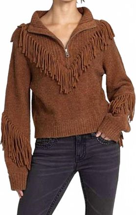 Miss Me Turtleneck 1/4 Zip With Fringe Top In Camel