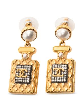 Chanel 2020 Gold Plated Faux Pearl and Strass CC Perfume Bottle Drop Earrings costume earrings - women - Gold Plated/Faux Pearl/Strass
