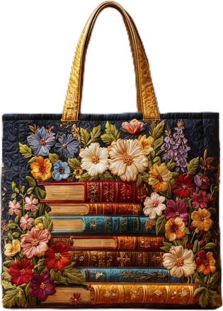 Generic Vintage Quilted Tote Bag for Women, Aesthetic Cotton Shoulder Bag with Literary Book & Floral Embroidery Lightweight Hobo Purse for World Book Day & M