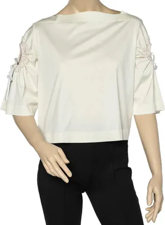 Sportmax Off White Cotton Knit Sleeve Tie Detail Crop Top