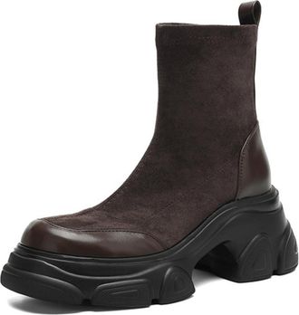 Generic Womens Sock Ankle Boots Chunky Platform Heels Suede Leather Mix Fashion Boots Comfortable for Daily Wear Street Style Dating,Brown,3.5 UK