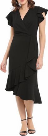 London Times Ruffle Sleeve V-Neck Dress With Asymmetrical Hem In Black