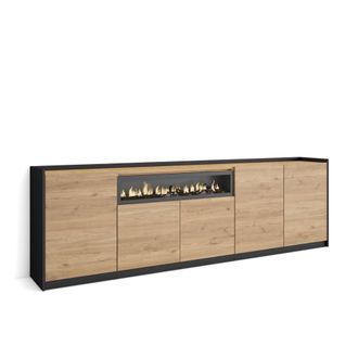 Skraut Home Aparador efecto madera roble y negro 263x37x80cm chimenea efecto fuego