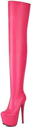 Generic Womens Stiletto High Heel Over The Knee Boots Round Toe Platform Thigh High Boots PU Leather Long Boot with Side Zipper,Fuchsia,8.5 UK