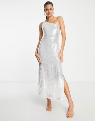 Pretty Lavish Vestito lungo monospalla argento decorato con spacco sulla coscia