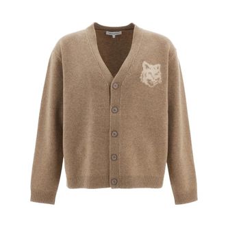 Maison Kitsun&eacute; Fox Head Merino Regular Cardigan - Heren - Truien - Beige - Maat: L Zijde