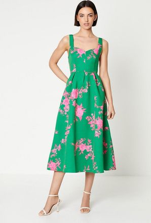 Oasis Womens Occasion Floral Strappy Twill Midi Dress - Green - Size 12 UK