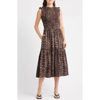 Rails Vivier Leopard Print Smocked Midi Dress in Brown Nala at Nordstrom Rack, Size Large