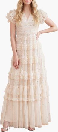Needle & Thread Vivian V-neck Sequin Dress in Cream at Nordstrom, Size 10