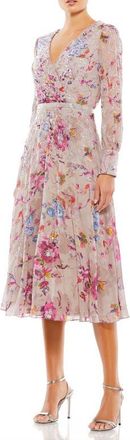 Mac Duggal Long Sleeve Embellished Floral Midi Dress in Mauve Multi at Nordstrom, Size 14
