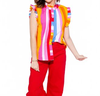 THML Clothing Color Pop Stripe Flutter Sleeve Top In Sunset