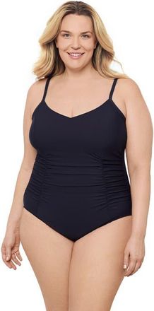 Aqua Green Plus Size Princess Seam V-Neck Side Shirred Adjustable One-Piece Swimsuit in True Navy at Nordstrom, Size 2 X