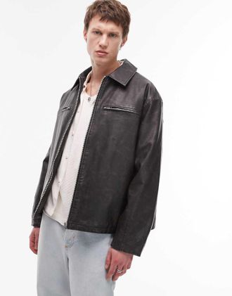 Topman faux leather jacket in black