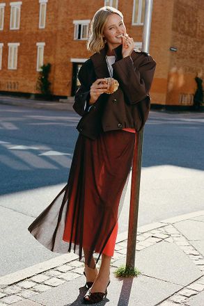 Maeve Retta Funnel Neck Double Breasted Short Trench Coat Jacket