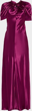 Alberta Ferretti Twisted Capelet Satin Maxi Evening Dress