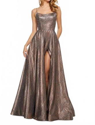 Sherri Hill Glitter Lace-Up Back Gown In Mocha/ Silver