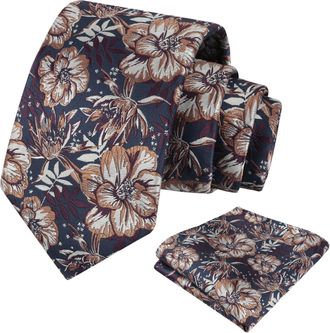 Alizeal Mens 8cm Floral Pattern Tie for Men and Pocket Square Classic Wedding Party Necktie Set, Navy+Brown+White