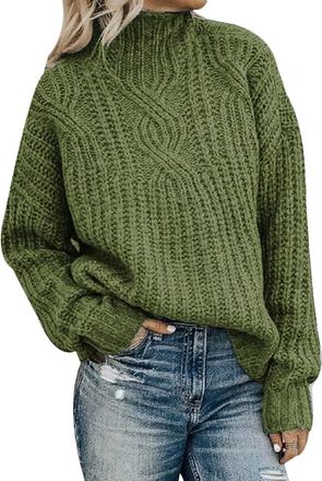 Generic Polo High Neck Jumpers for Women UK Cable Knitted Long Sleeve Ladies Jumpers Pullover Winter Turtle Neck Tops for Women Green