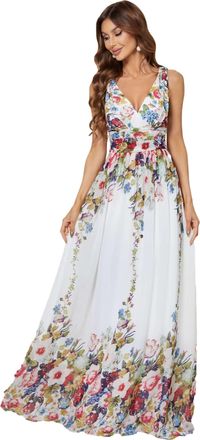 Ever-pretty Womens Classic V Neck Elegant Empire Waist Chiffon A Line Ball Evening Gowns Dresses Cream and Printed 20UK