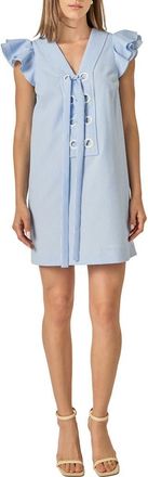 English Factory Stripe Seersucker Ruffle Sleeve Eyelet Minidress in Powder Blue/white at Nordstrom, Size X-Small