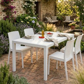 Dmora Mesa De Jard&iacute;n Dmachac, Mesa De Comedor Rectangular, Mesa De Jard&iacute;n Multiusos Efecto Rat&aacute;n, 100% Made In Italy, 150x90h72 Cm, Blanco - Dmora
