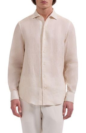 Bugatchi Axel Trim Fit Linen Jacquard Button-Up Shirt in Almond at Nordstrom, Size Xxx-Large