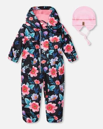 Deux par Deux Baby Mid-Season One-Piece Printed Flowers Outerwear with Hat in Black Floral Print at Nordstrom, Size 12M