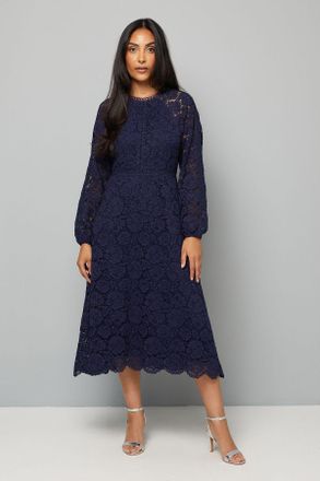 Wallis Womens Petite Lace Long Sleeve Fit & Flare Midi Dress - Navy Cotton - Size 12 UK