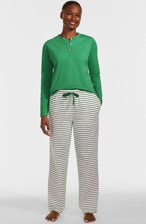 Lands End Petite Knit 2 Piece Pajama Set - Long Sleeve Top and Pants in Ivory/clover Simple Stripe at Nordstrom, Size Xx-Small P