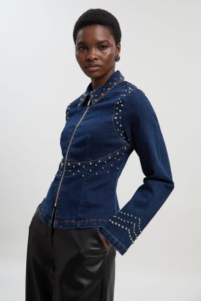 Karen Millen Womens Denim Placed Stud Zip Through Collared Jacket - Dark Blue Cotton - Size 16 UK