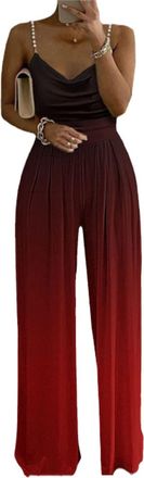 Generic V Neck Spaghetti Strap Jumpsuits for Women Sexy Off Shoulder Gradient Long Romper Casual Wide Leg Pants 09 Red Gradient M