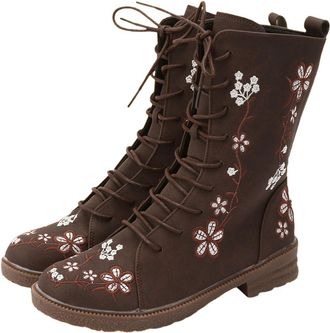 Generic Lace Up Boots Women Winter Floral Embroidered Combat Boots Side Zip Vintage Boho Flower Design Leather Chunky Mid Calf Boot Waterproof Non Slip Walkin