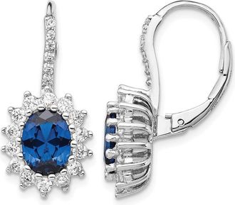 Diamond2Deal Sterling Silver Rhodium-plated Lab Created Dark Blue Spinel and White CZ Oval Halo Drop Earrings